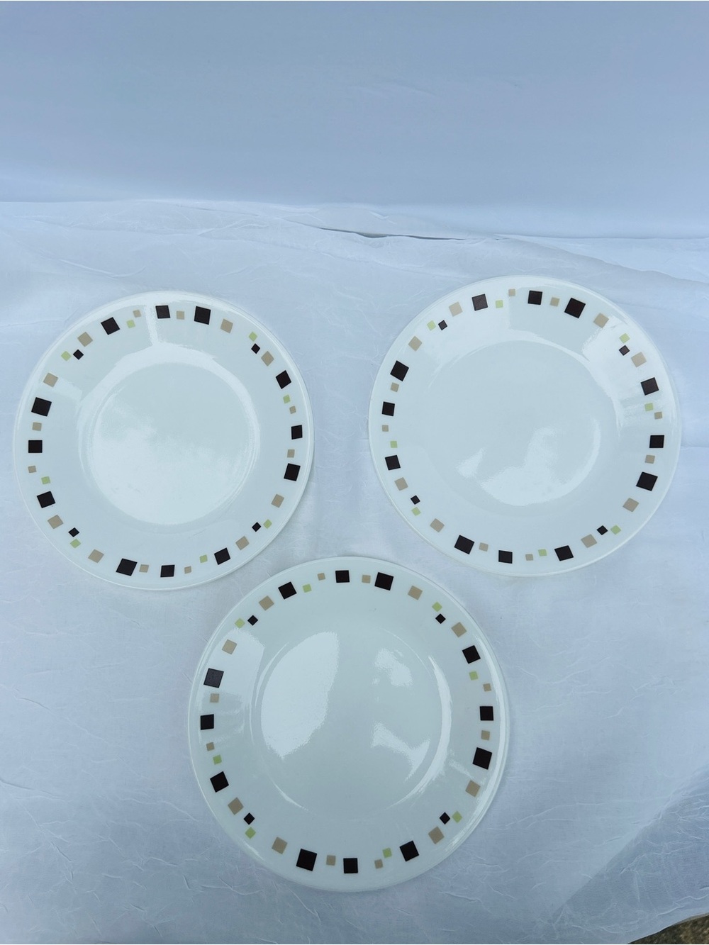 Corelle White Dinner Plates with Brown and Olive Square Accent